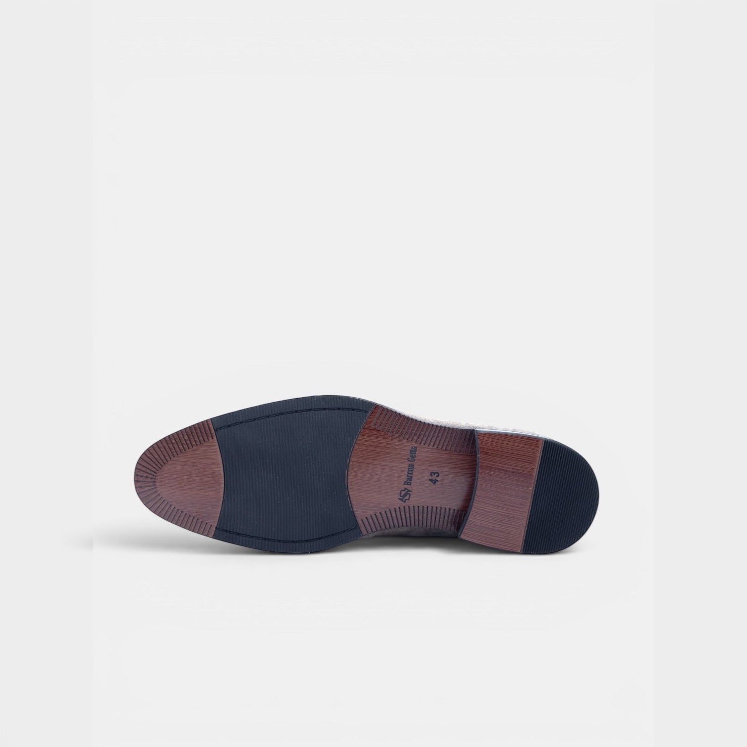 Barcon Getta Inc PHAROAH grey/taupe suede penny loafer with hybrid leather and rubber sole.