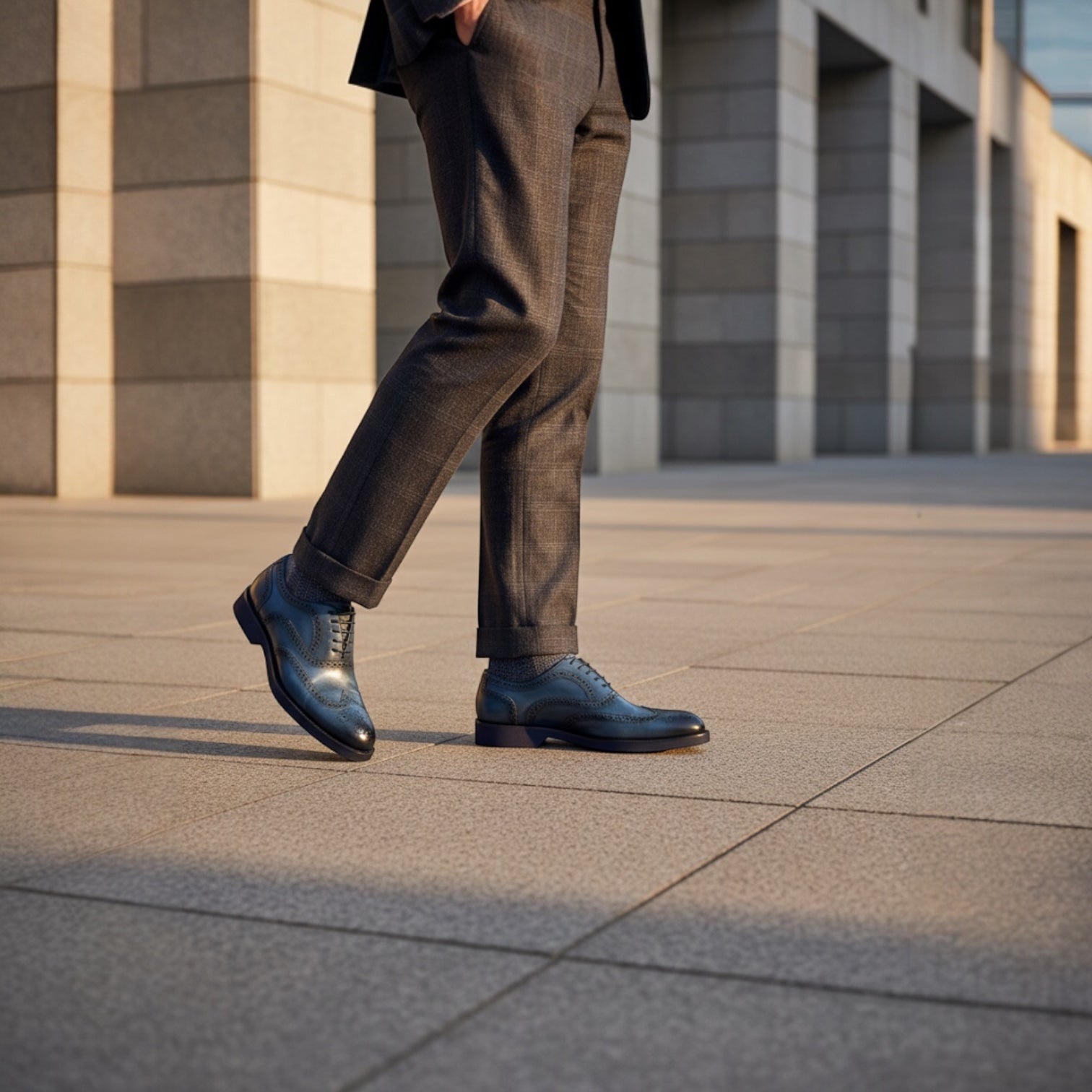 Barcon Getta Inc PORTO-NOVO deep navy blue full grain leather wingtip Oxford dress shoes with brogue detailing and chunky rubber sole.