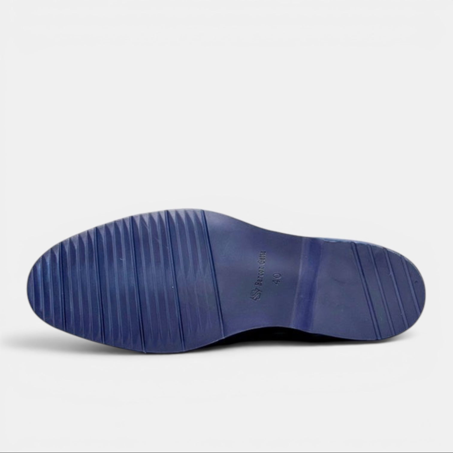 Barcon Getta Inc PORTO-NOVO navy blue full grain leather wingtip Oxford dress shoes with rubber sole.