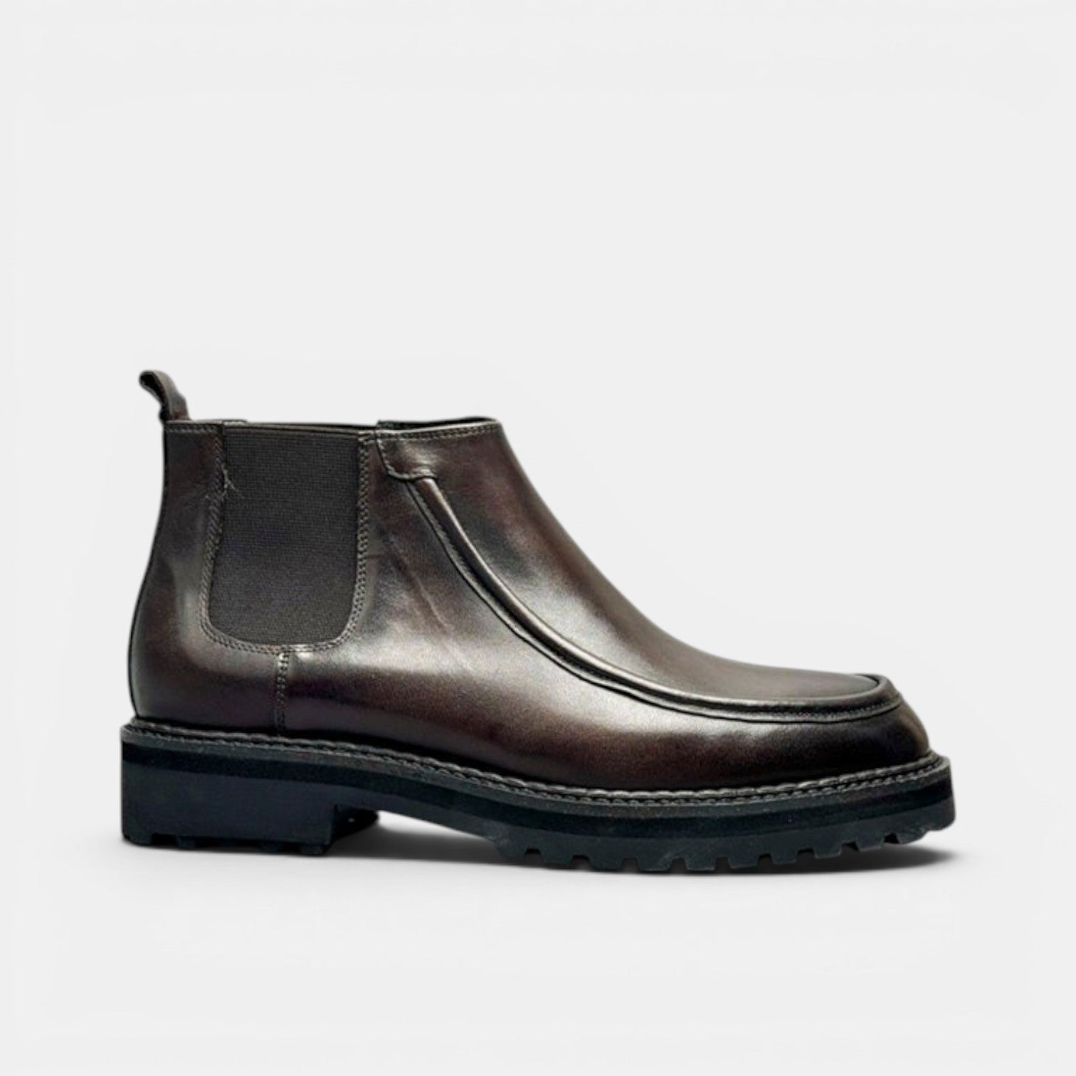 Barcon Getta Inc PRAIA VERDE dark brown full grain calf leather chelsea boots with elastic side panels and a square toe.