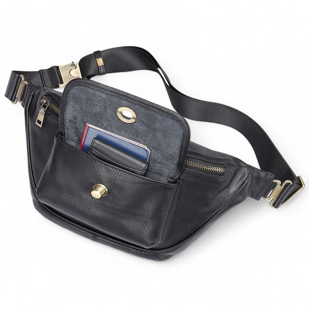 Barcon Getta Inc black full grain leather PRIME-CROSS crossbody bag with multiple pockets and adjustable strap.