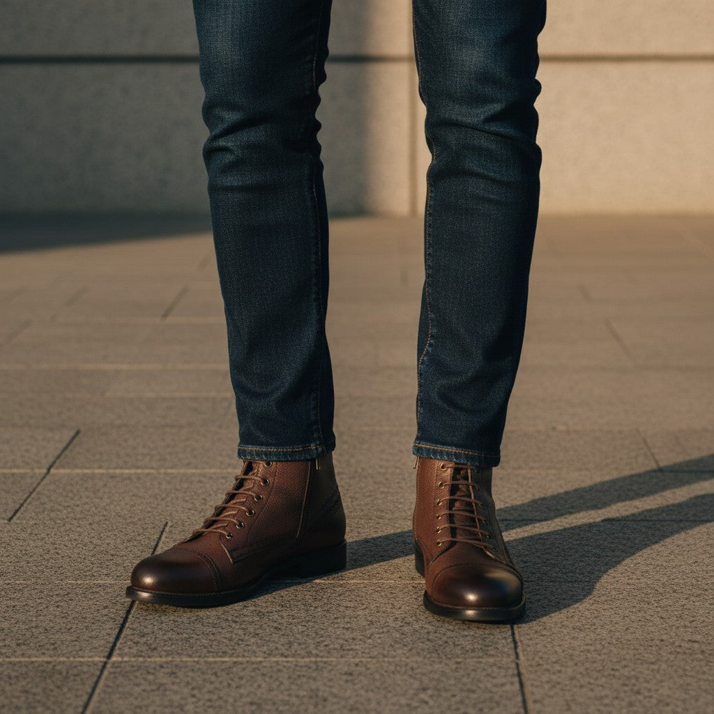 Barcon Getta Inc Rabat brown full grain calfskin leather lace-up ankle boots with side zipper detail.