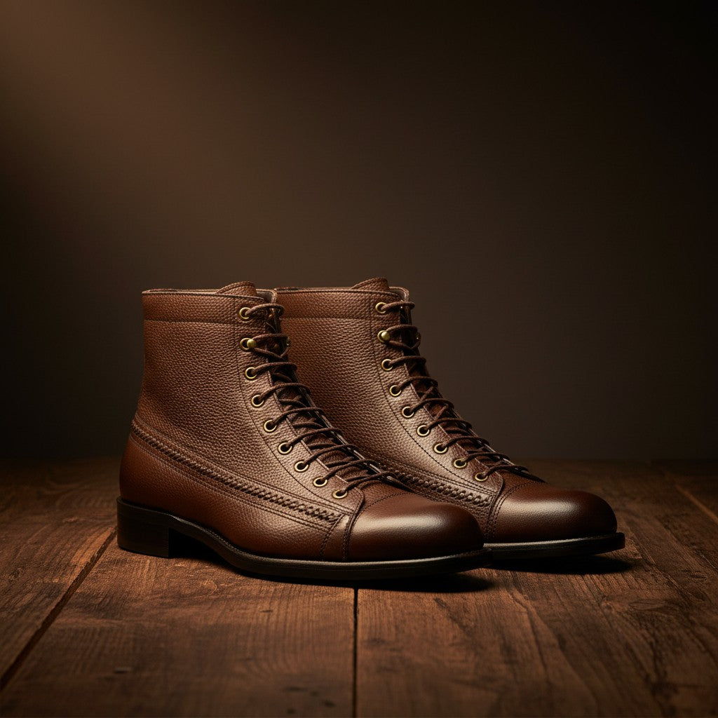 Barcon Getta Inc RABAT brown full grain calf leather handmade lace-up boots with decorative stitching.