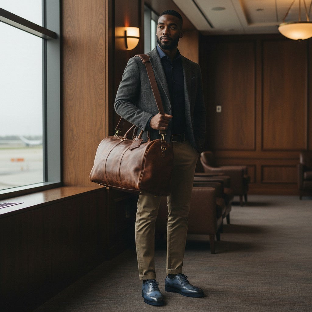 Barcon Getta Rassi Duffel Travel Bag – Coffee Brown – Full Grain Leather Travel Bag  - wearing Porto-Nova navy blue dress shoe at Airport