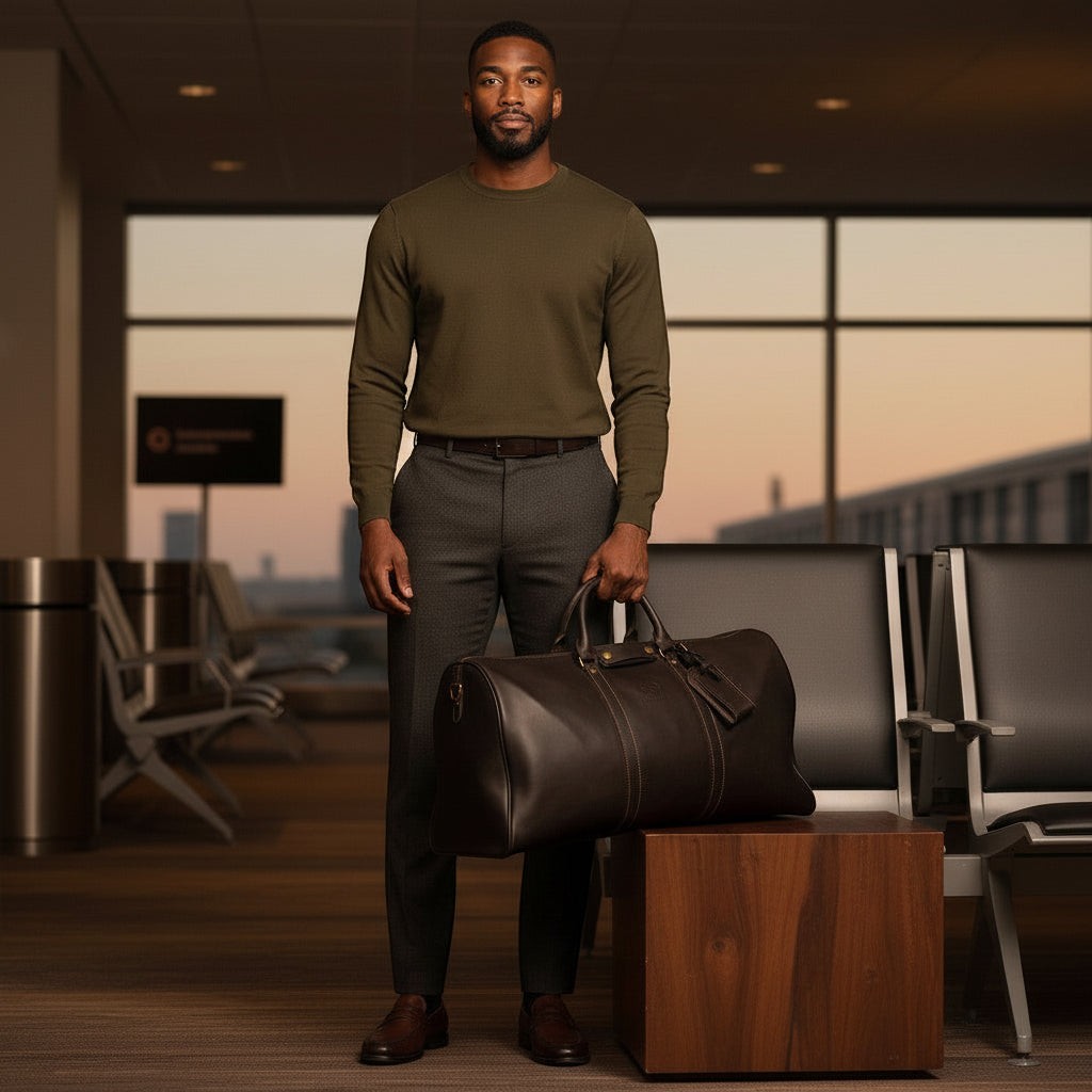 Barcon Getta Rassi Duffel Travel Bag – Black – Full Grain Leather Travel Bag  - wearing Barcon Getta Bangui  brown loafer  shoe at Airport
sunset.