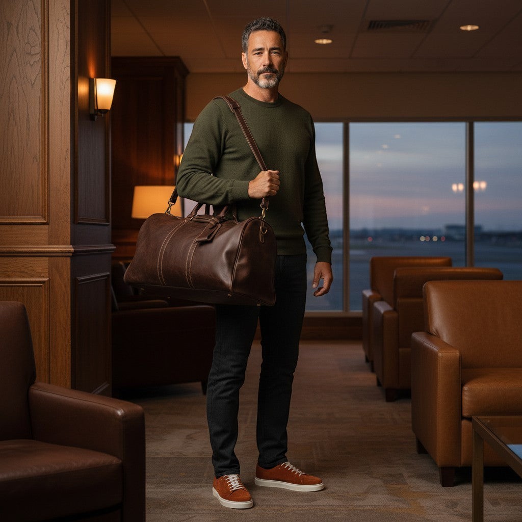 Barcon Getta Rassi Duffel Travel Bag – Coffee Brown – Full Grain Leather Travel Bag  - wearing Barcon Getta Meda Lowtop suede- orange sneaker  - at Airport