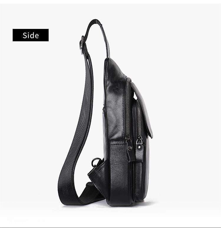 Barcon Getta Inc RIDGELINE black leather cross-body bag with adjustable strap and multiple zippered pockets.