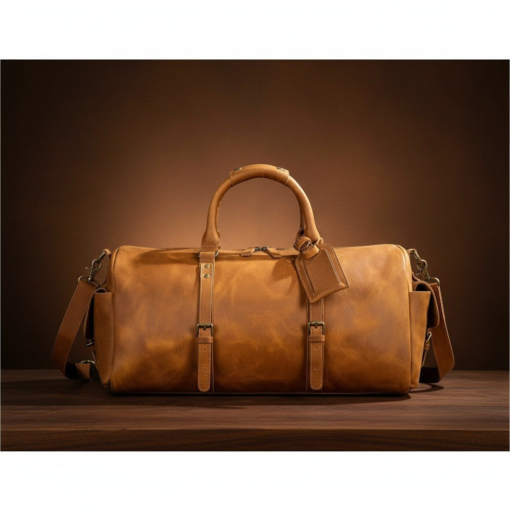 Barcon Getta Sahara Duffel travel Bag –  Dark Tan – East African Full Grain Leather Studio Shot