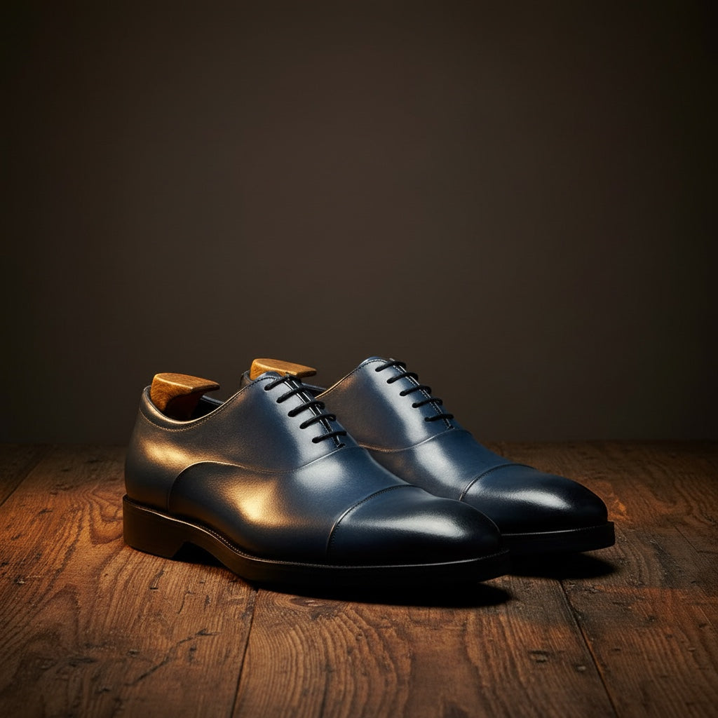 Barcon Getta Inc SAO TOME navy blue full grain leather cap toe Oxford dress shoes with closed lacing.