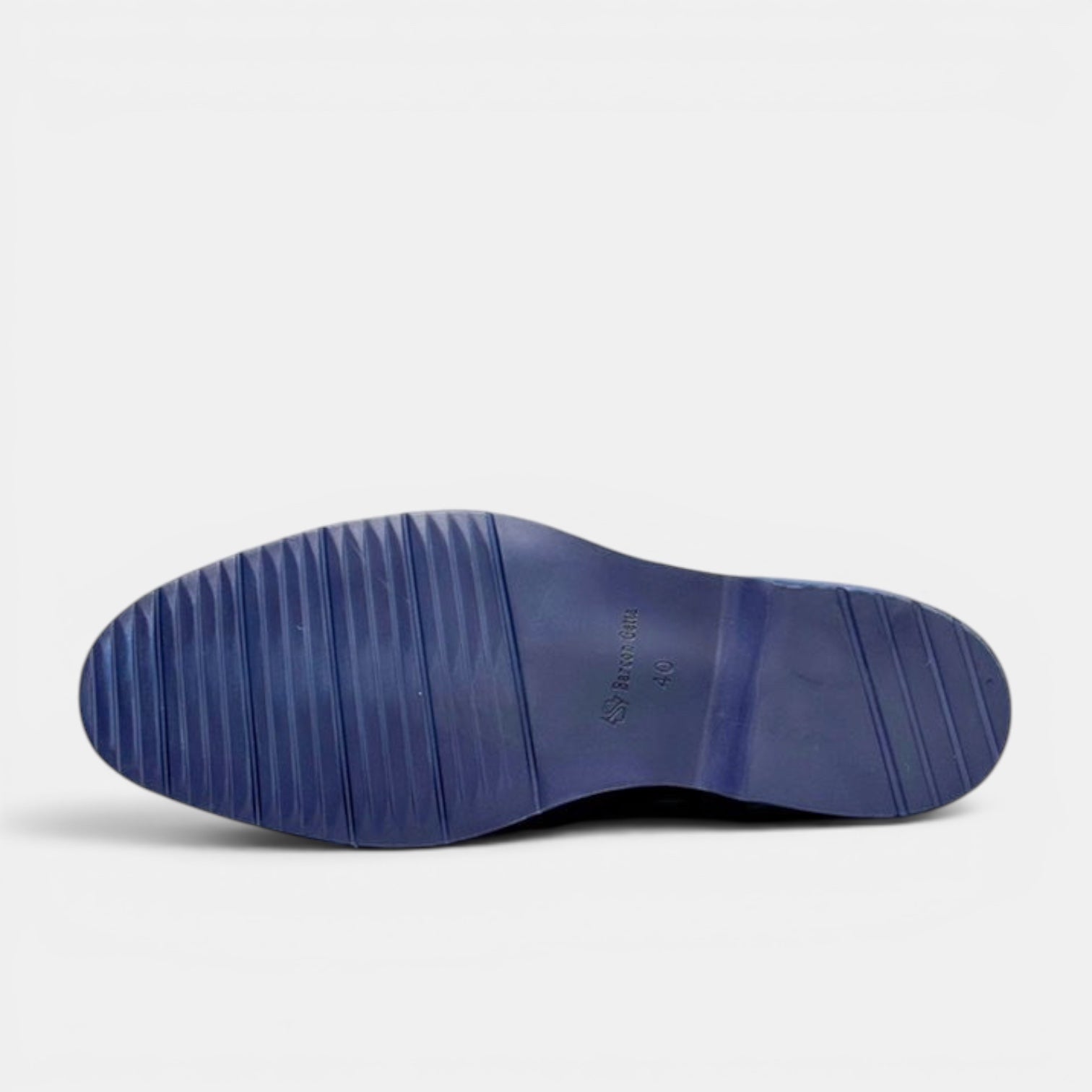 Barcon Getta Inc SAO TOME navy blue leather cap toe Oxford dress shoes with matching rubber sole.