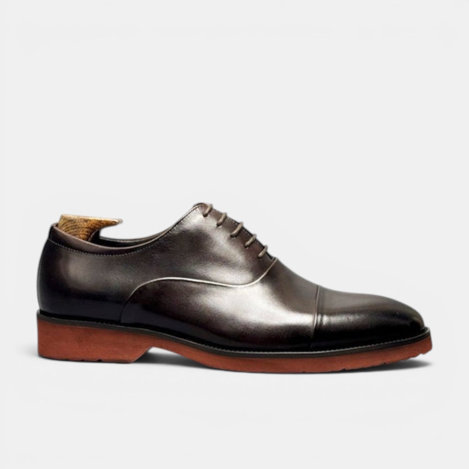 Barcon Getta Inc SAO TOME oxblood brown full grain leather cap toe Oxford dress shoes with burnt orange sole.