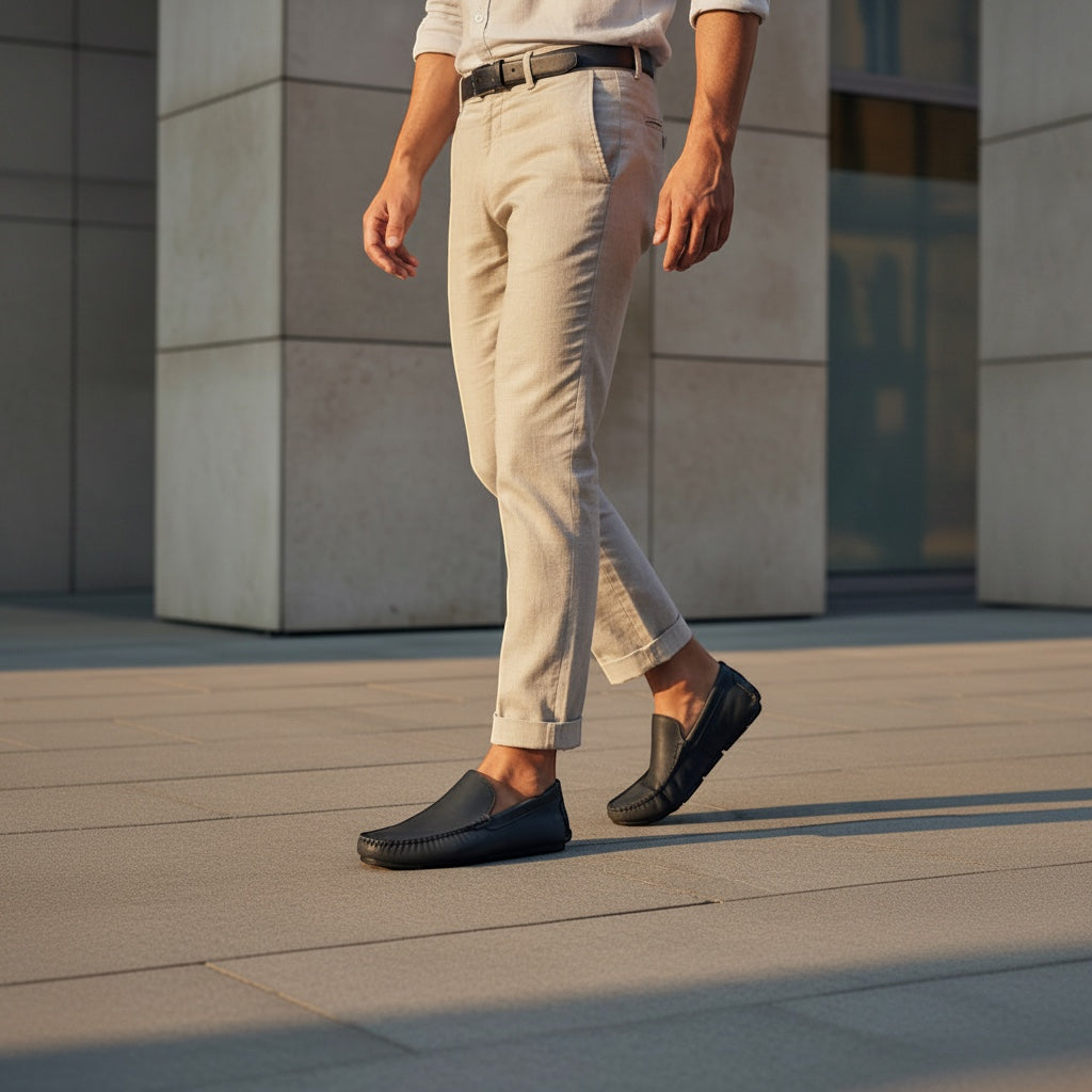 Barcon Getta Inc SERENGETI charcoal full-grain leather driver slip-on loafers with segmented rubber sole.