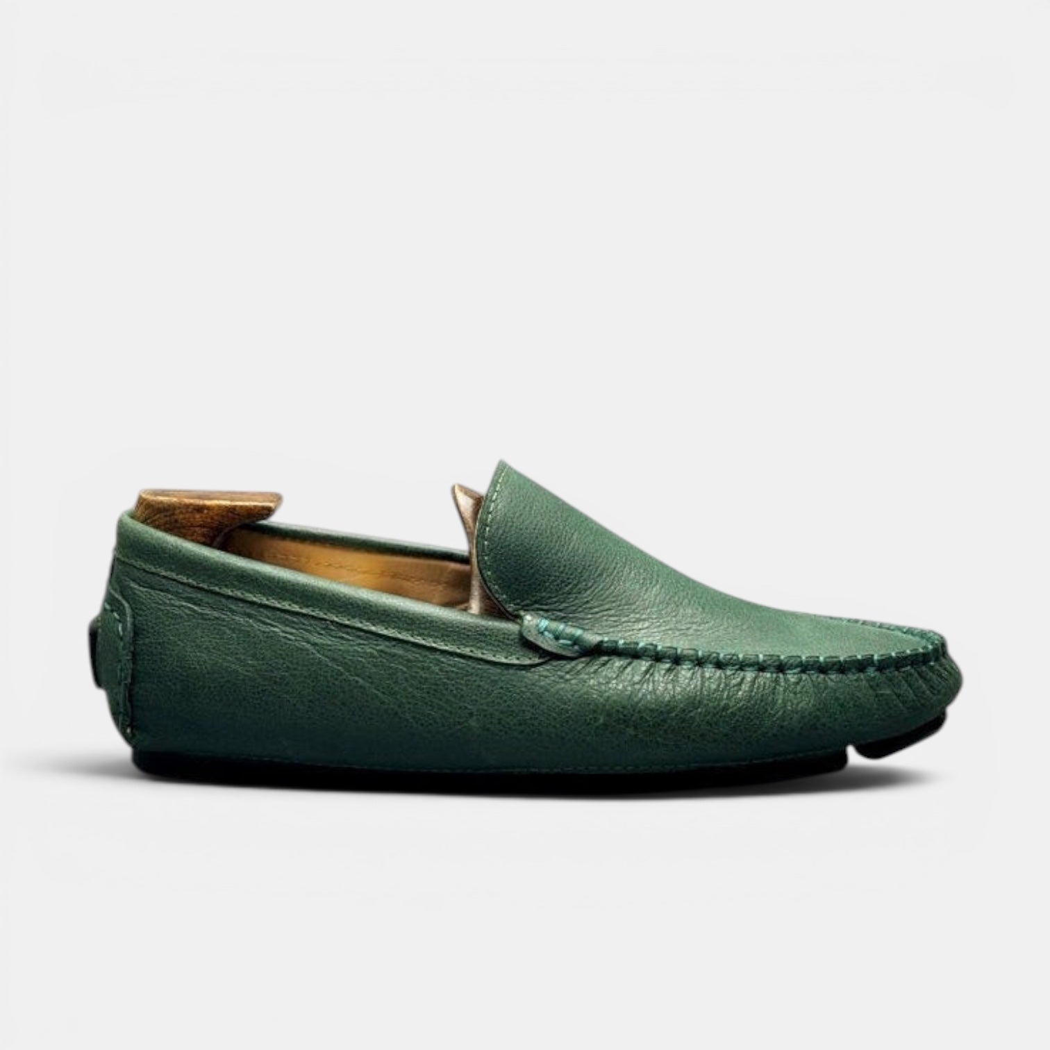 Barcon Getta Inc SERENGETI forest green full-grain leather driver slip-on loafer with hand-stitched moccasin construction.
