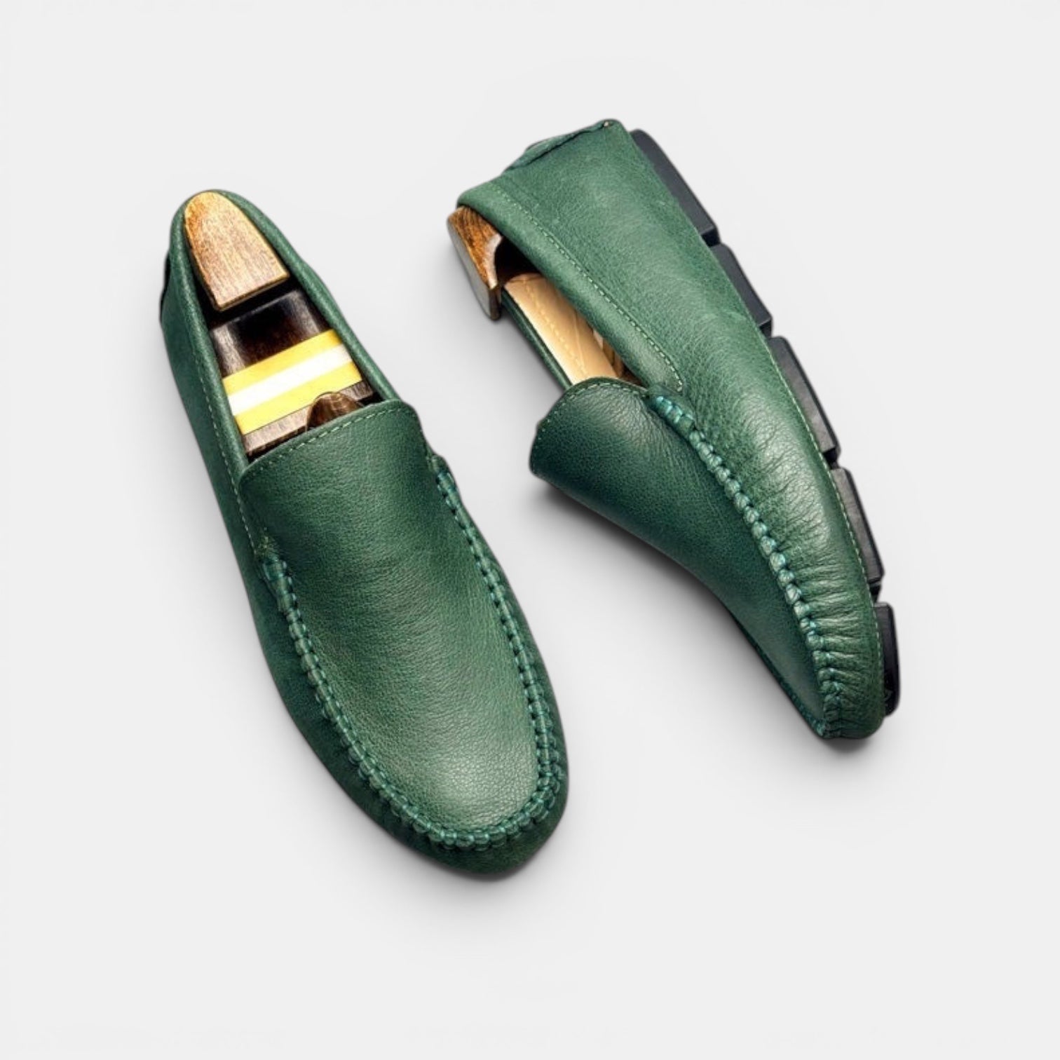 Barcon Getta Inc SERENGETI forest green full-grain leather driver slip-on loafers with hand-stitched moccasin construction.