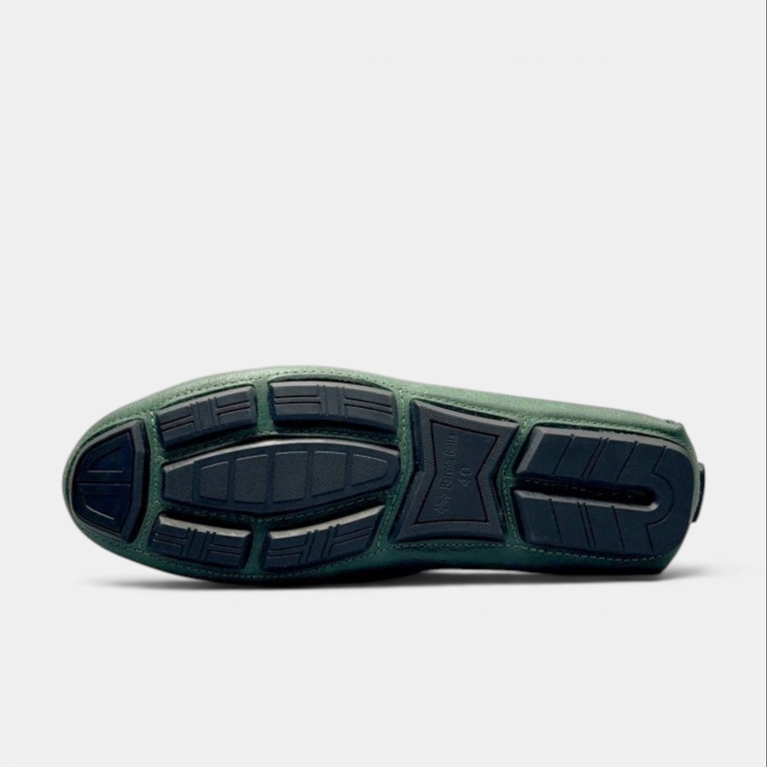 Barcon Getta Inc SERENGETI forest green full-grain leather driver slip-on loafers with segmented rubber sole.