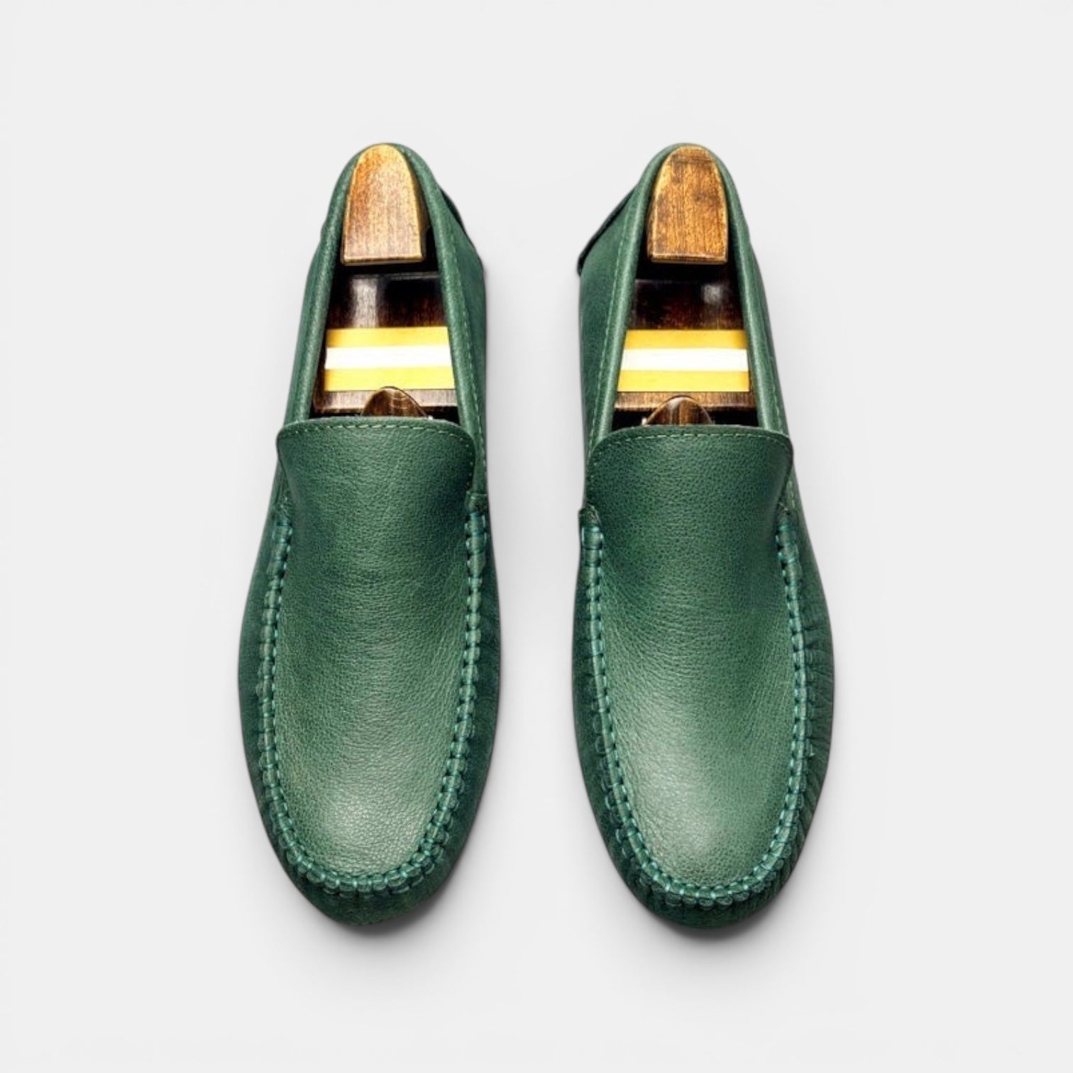 Barcon Getta Inc SERENGETI forest green full-grain leather driver slip-on loafers with hand-stitched moccasin construction.