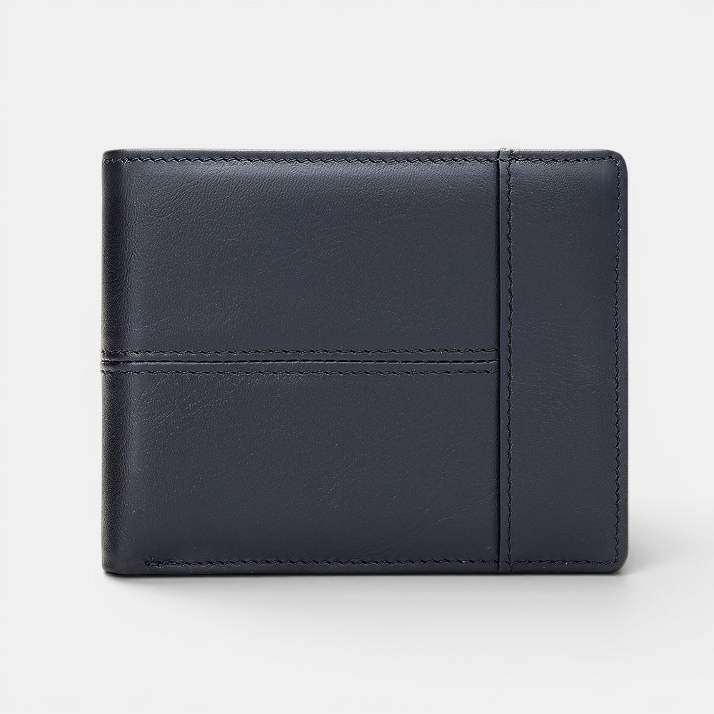 Barcon Getta Inc dark blue full grain leather slim wallet with 8 card slots and anti-theft swipe.