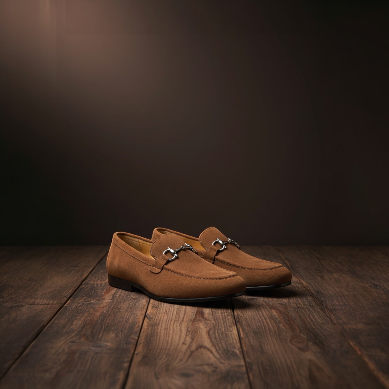 Barcon Getta Inc NAMPULA Suede horsebit loafers in tan/cognac brown. Full grain leather with silver-tone double-bar bit.