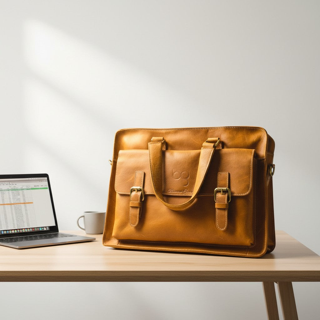 Barcon Getta Inc tan leather briefcase with buckle closures and dual handles. Fits up to 14" laptop.