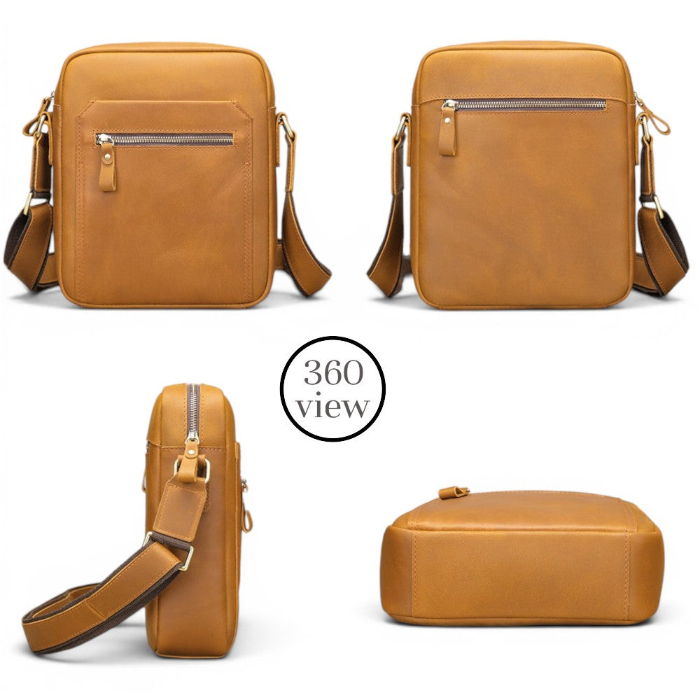 Barcon Getta Inc tan Ethiopian leather crossbody bag with multiple pockets and adjustable strap.
