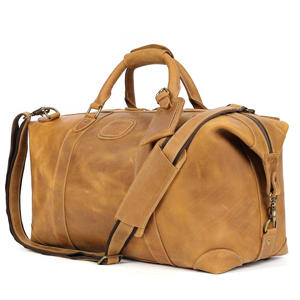 Barcon Getta Getaway Duffel Travel  Bag – Tan – Front Profile Full Grain Leather with Brass Hardware - 
 on a light gray background