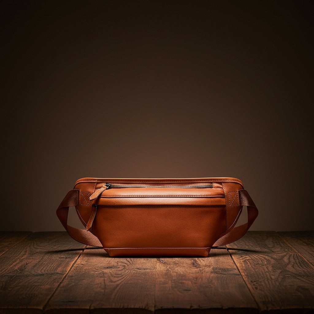 Barcon Getta Inc tan Ethiopian leather fanny bag with adjustable strap and zipper pocket. Handmade full grain leather.