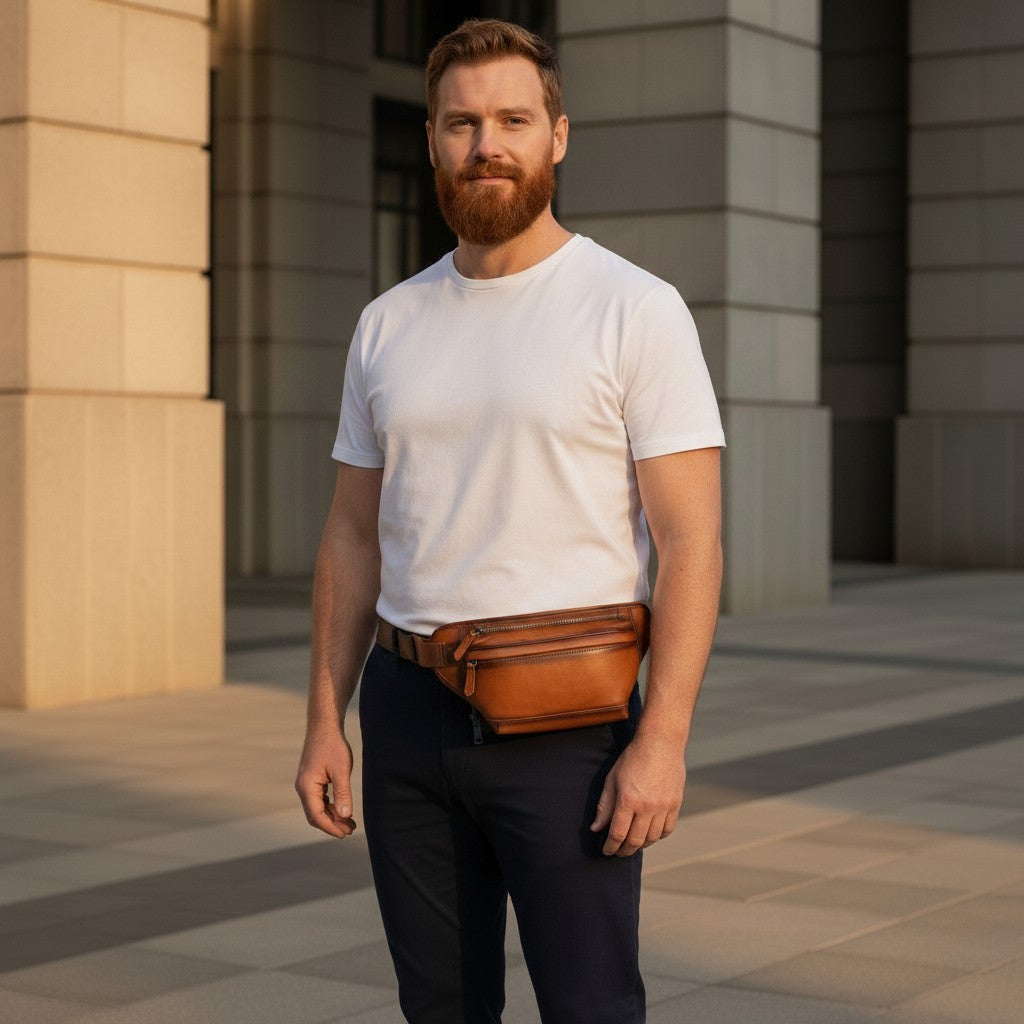 Barcon Getta Inc tan Ethiopian leather fanny bag with multiple zippered pockets worn by a man.