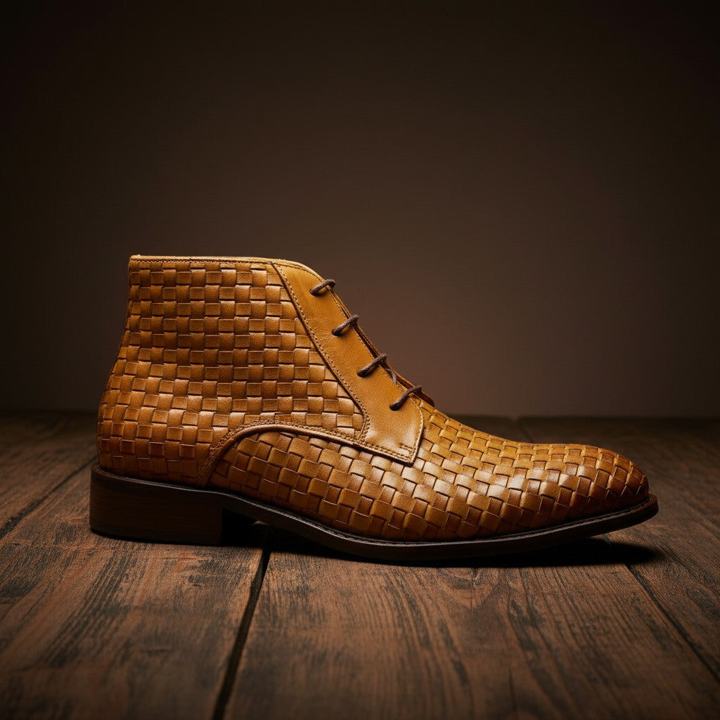 Barcon Getta Inc DAR ES SALAAM tan woven leather chukka boots with lace-up closure.