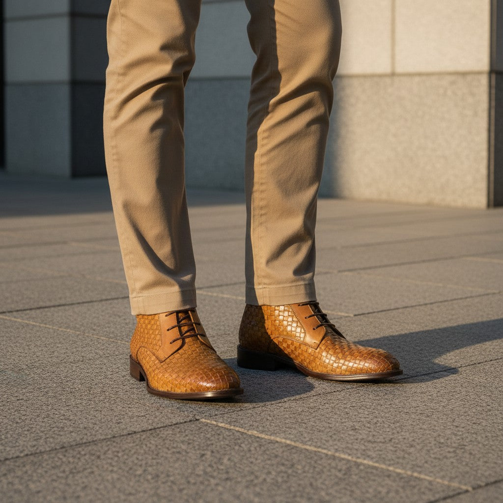 Barcon Getta Inc DAR ES SALAAM tan woven leather chukka boots with lace-up closure.