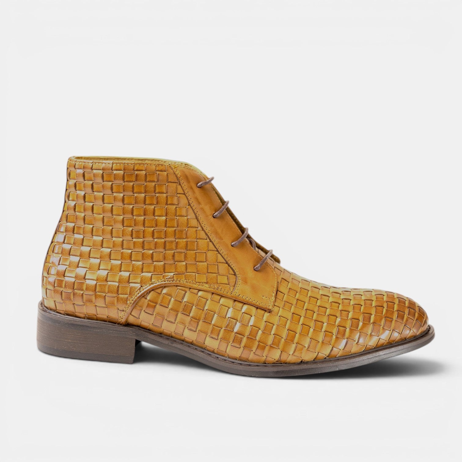 Barcon Getta Inc DAR ES SALAAM tan woven leather chukka boots with lace-up closure.