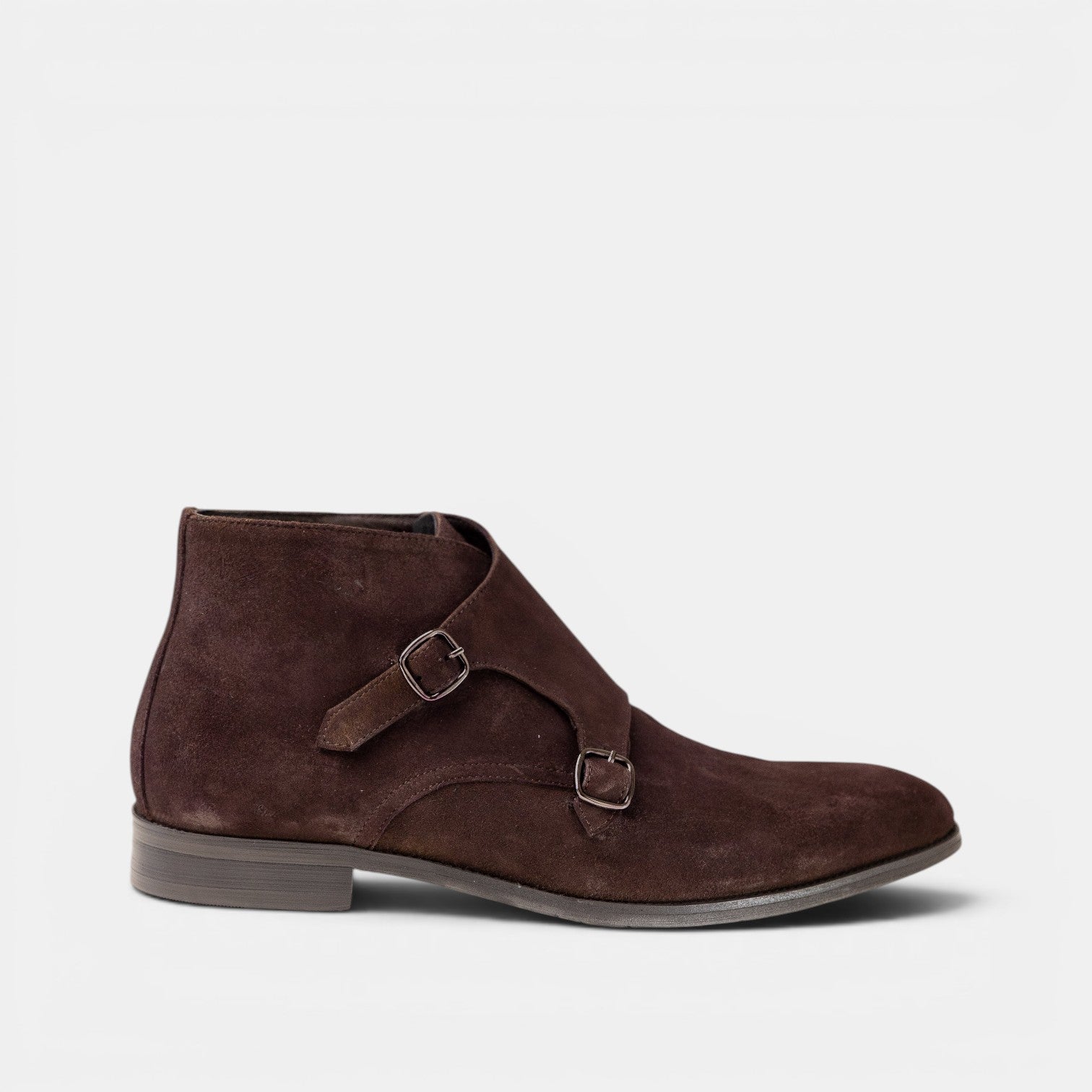Barcon Getta Inc TIMBUKTU dark brown suede double monk strap ankle boots. Handmade from Ethiopian leather with a full grain calf leather and goat skin construction.
