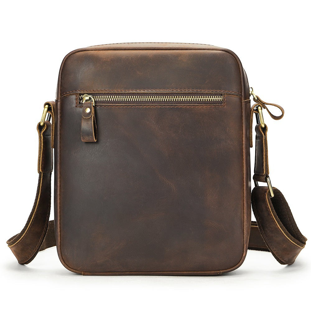 Barcon Getta Inc TRACKSIDE shoulder bag in distressed brown full grain leather with multiple pockets and adjustable strap.