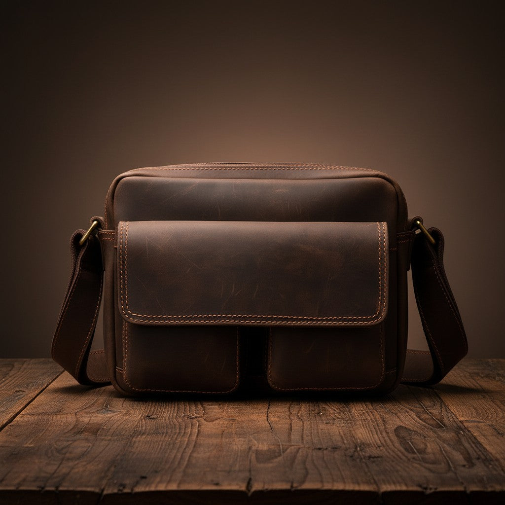 Barcon Getta Inc TWINFOLD dark brown full grain leather shoulder bag with multiple pockets and adjustable strap.