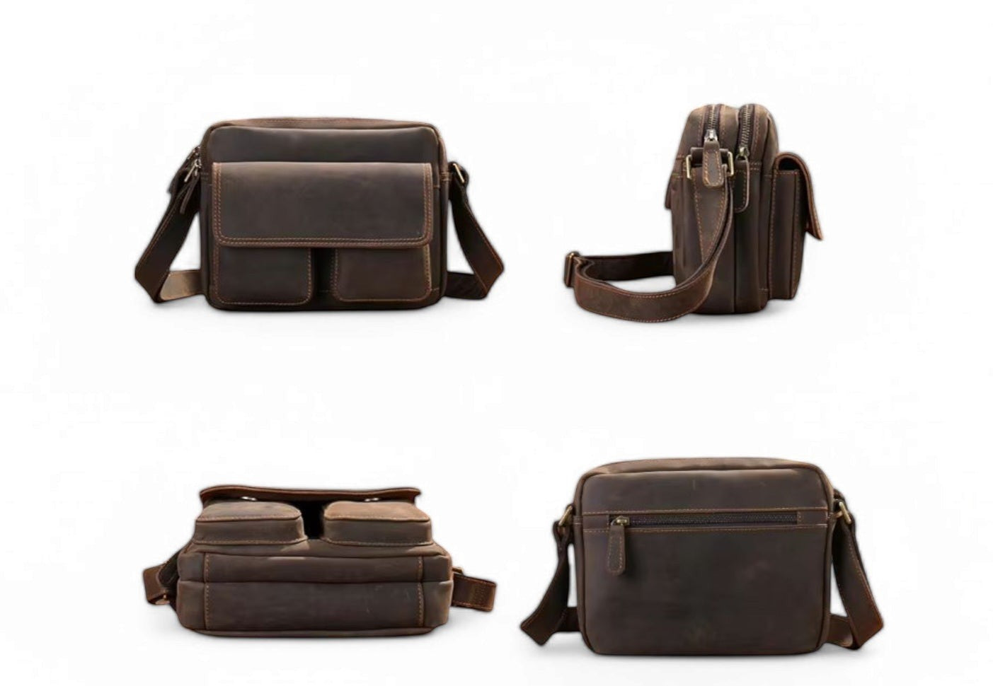 Barcon Getta Inc TWINFOLD dark brown full grain leather shoulder bag with multiple pockets and adjustable strap.