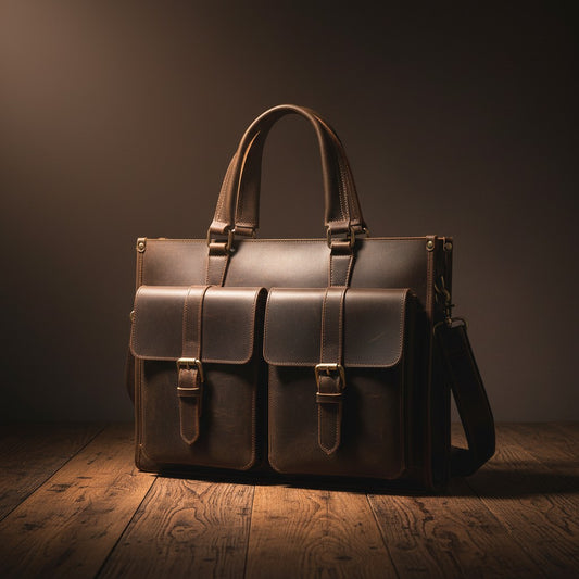Barcon Getta Inc The Vanguard dark brown distressed leather briefcase with double front flap pockets and adjustable shoulder strap.