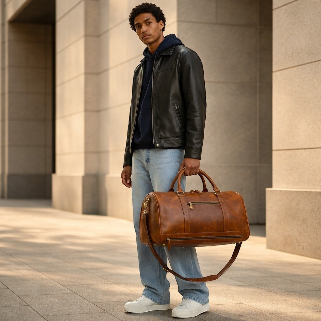 Barcon Getta Inc VOYAGER duffel bag in distressed brown leather with top handles and adjustable shoulder strap.