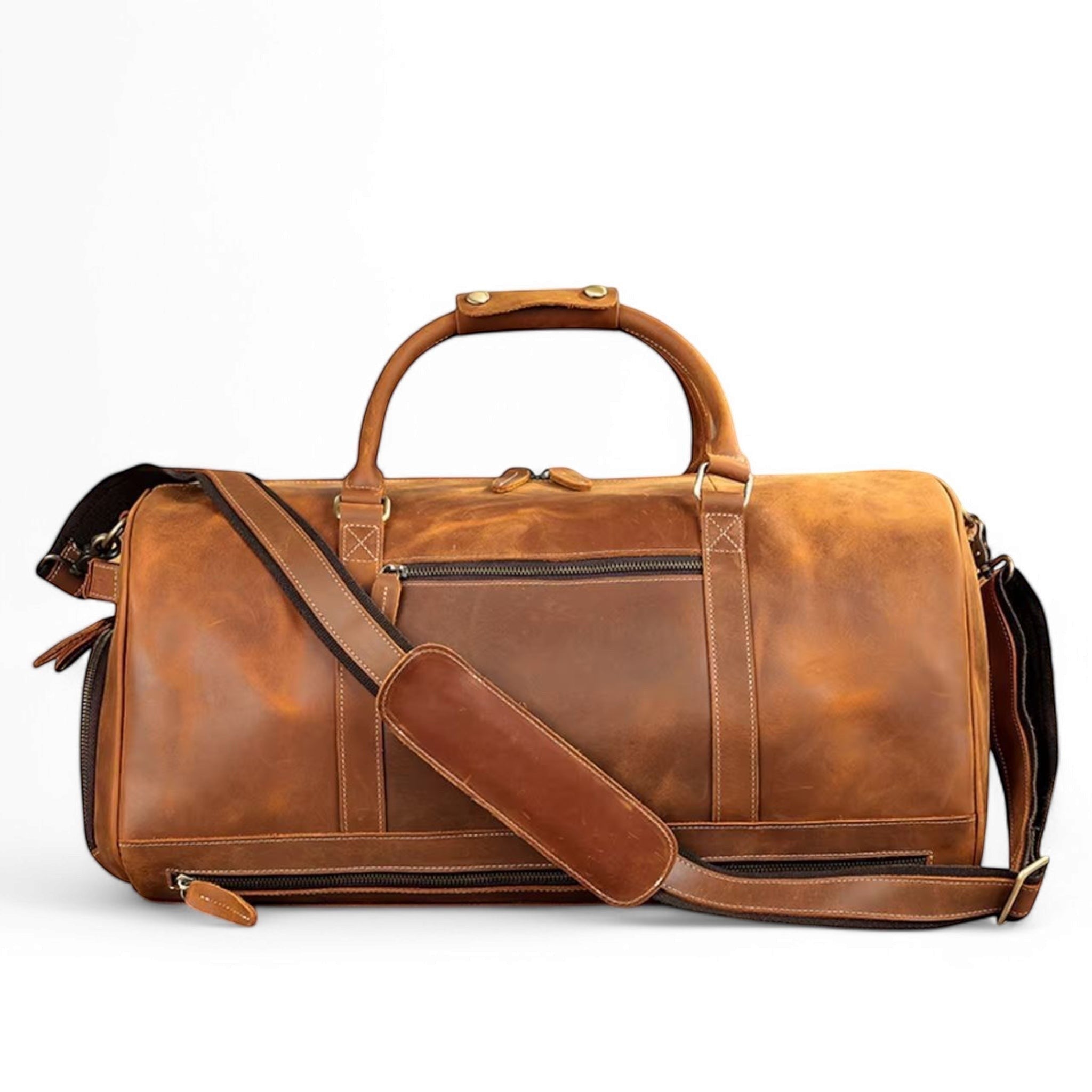 Barcon Getta Inc distressed brown leather duffel bag with top handles and adjustable shoulder strap.