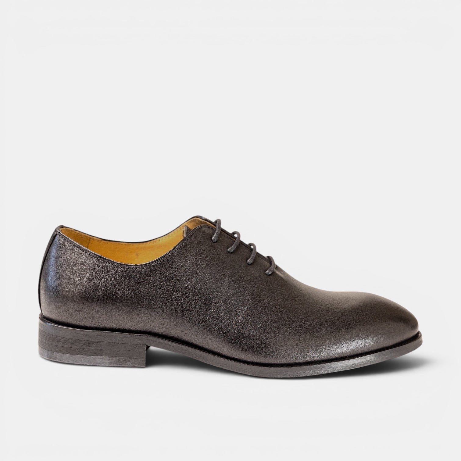 Barcon Getta Inc IFE whole-cut Oxford dress shoes in deep charcoal graphite full grain leather with subtle blue-grey iridescence.