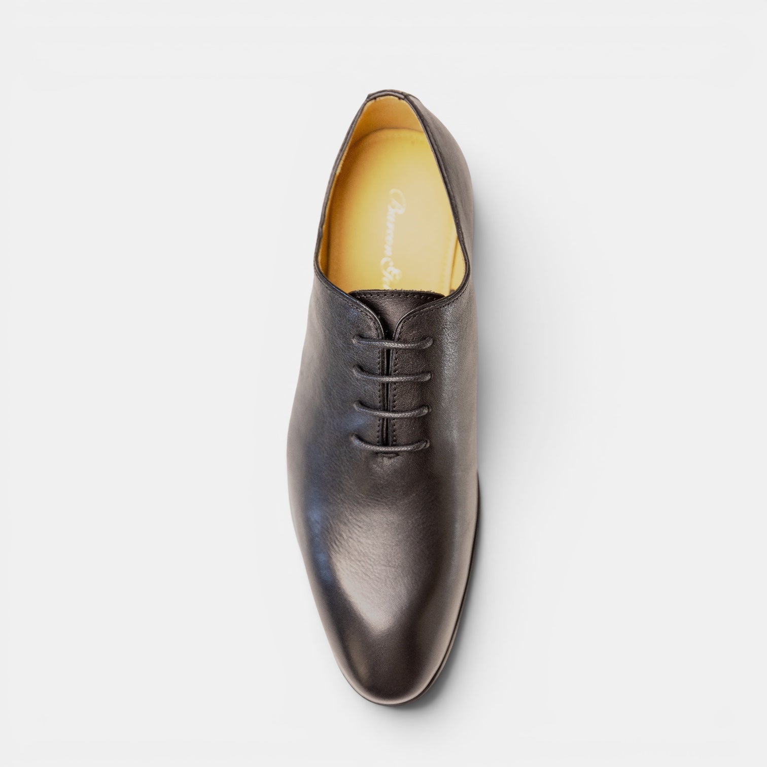 Barcon Getta Inc IFE whole-cut Oxford dress shoes in deep charcoal graphite leather with subtle blue-grey iridescence.