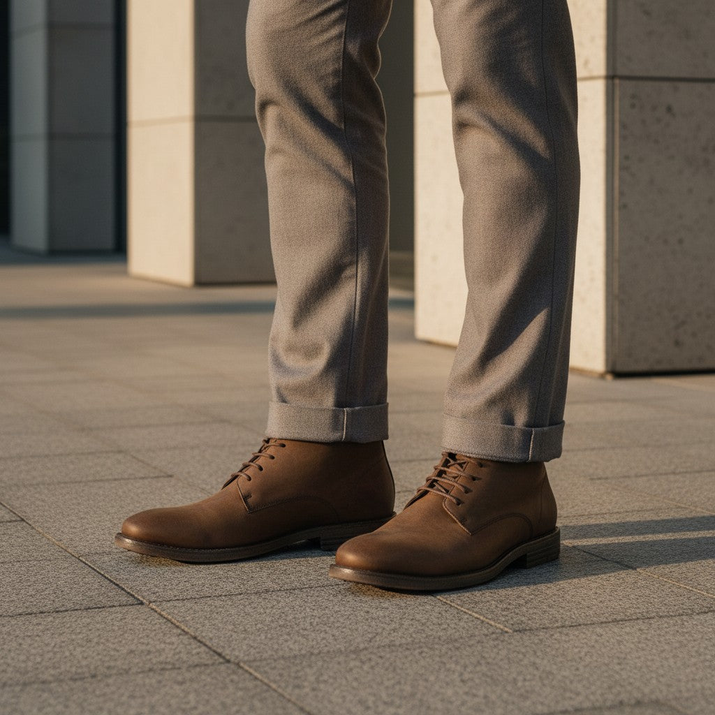 Barcon Getta Inc WINDHOEK brown suede leather chukka boots with lace-up closure and distressed sole.