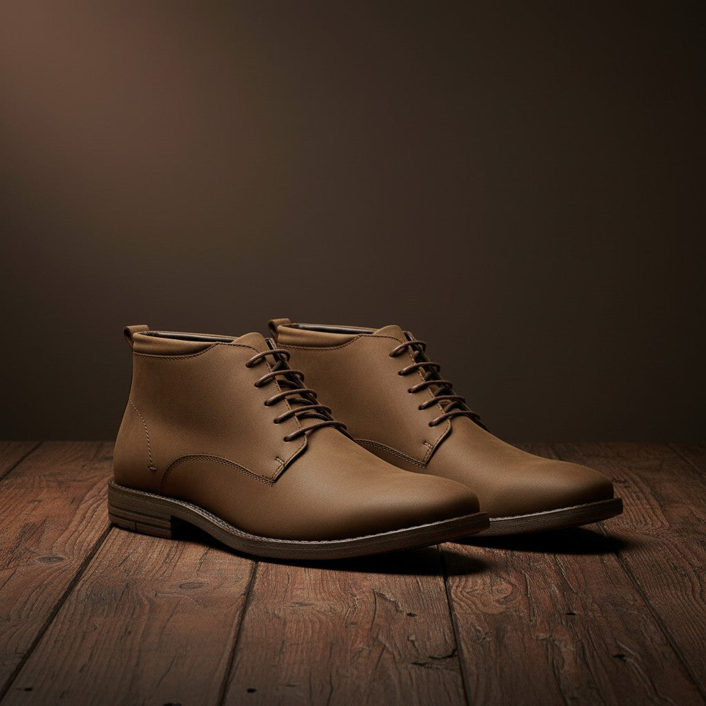 Barcon Getta Inc WINDHOEK brown suede leather chukka boots with lace-up closure and distressed sole.