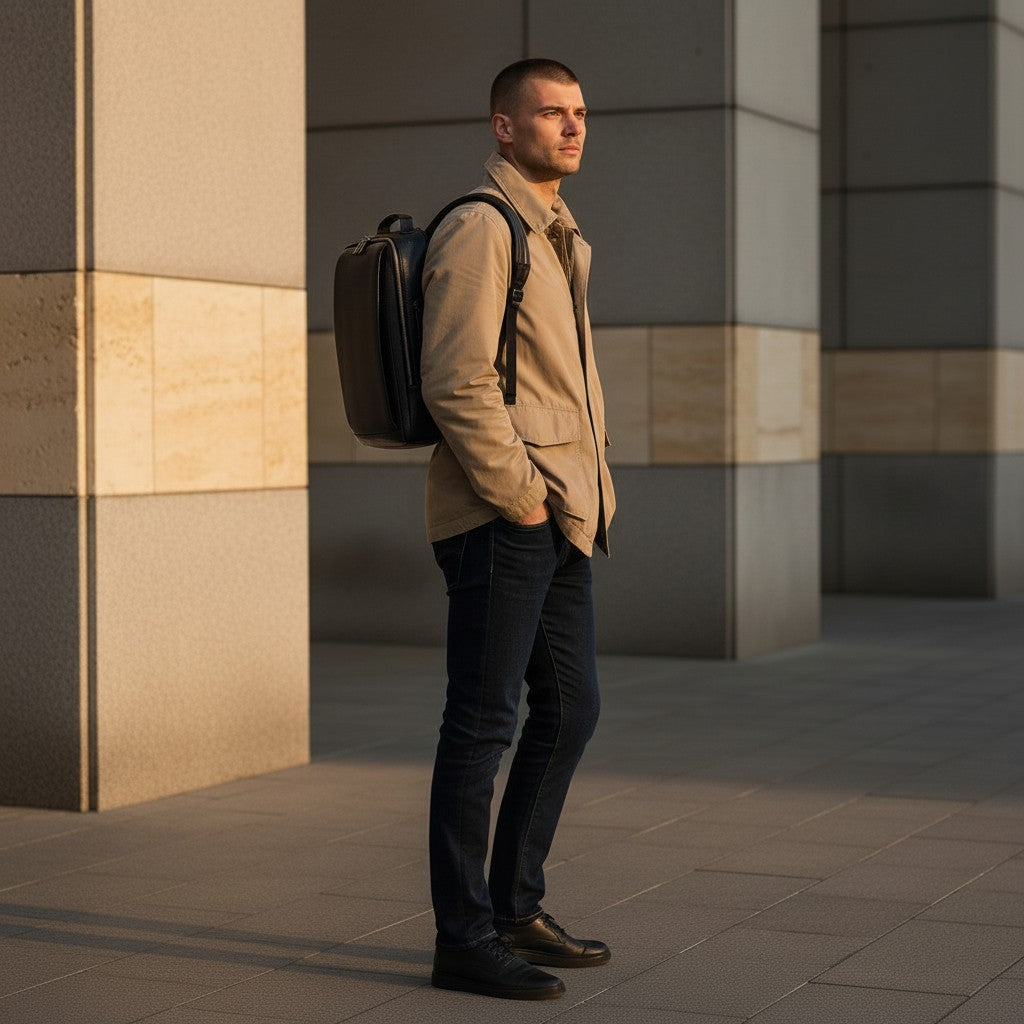 Barcon Getta Inc WORKDAY backpack in black full grain leather with multiple pockets and breathable straps.