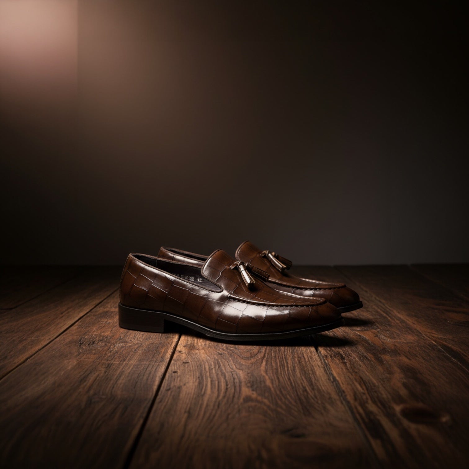 Barcon Getta Inc YAOUNDE embossed tassel loafers in deep olive/dark brown full-grain leather with croc emboss and silk tassels.