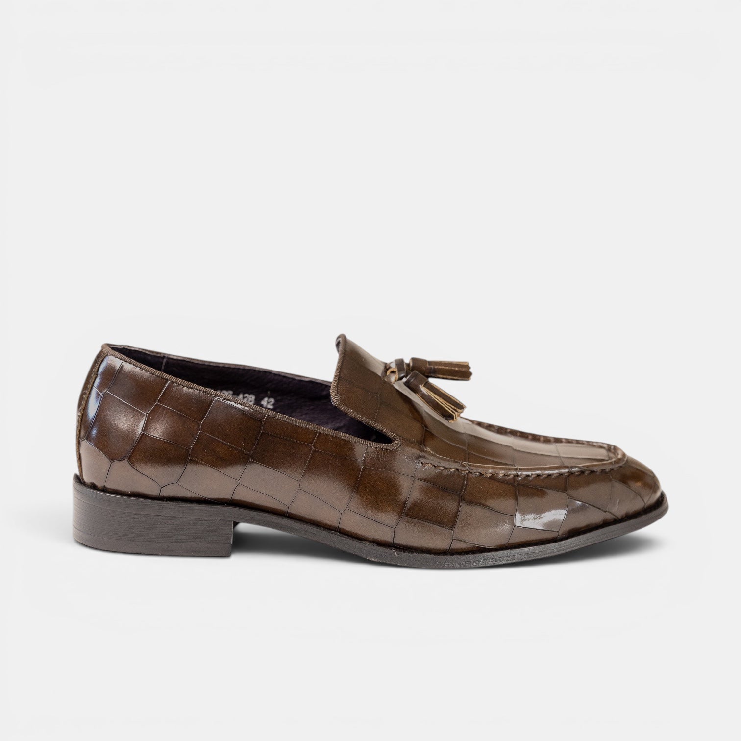 Barcon Getta Inc YAOUNDE deep olive/dark brown croc-embossed leather tassel loafer with silk tassel detail.