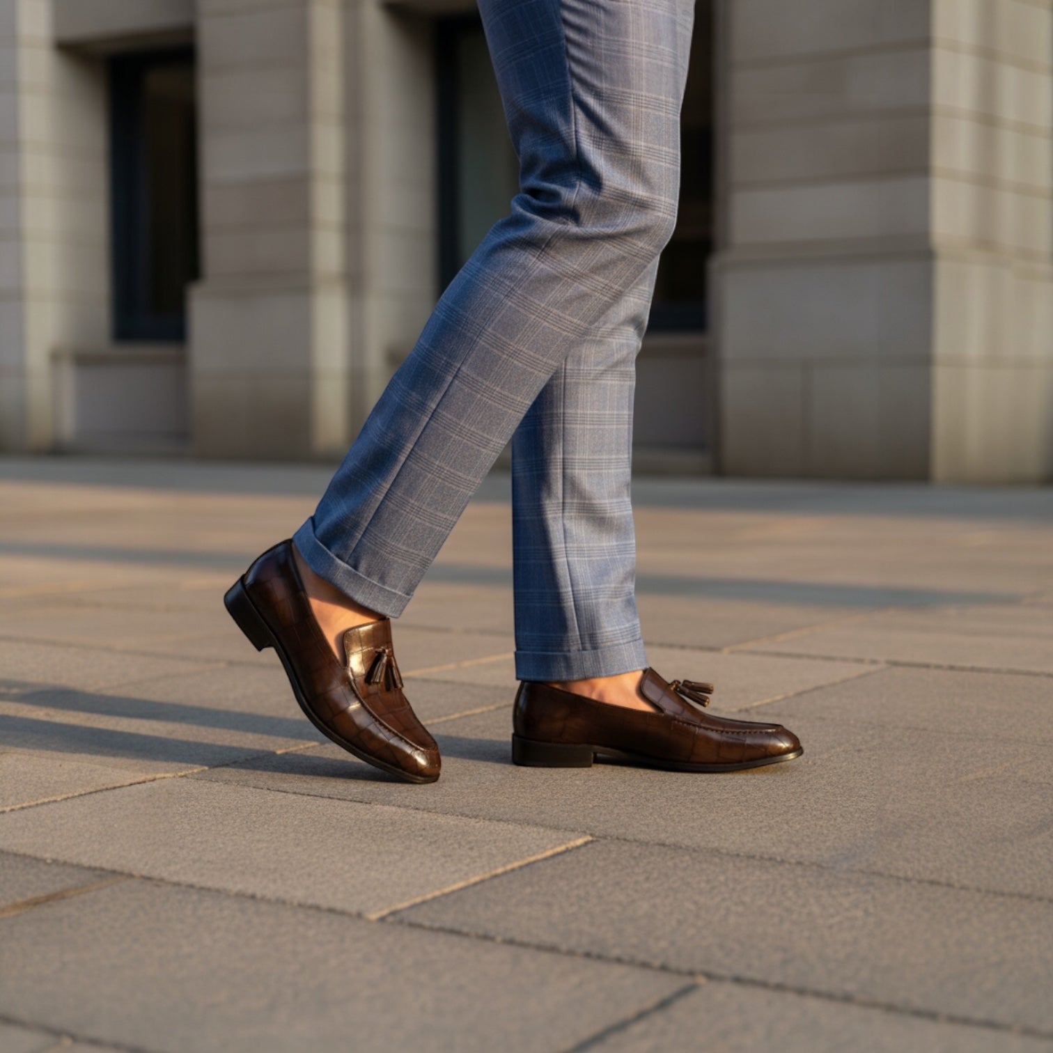 Barcon Getta Inc YAOUNDE embossed tassel loafers in deep olive/dark brown full-grain leather with silk tassels.