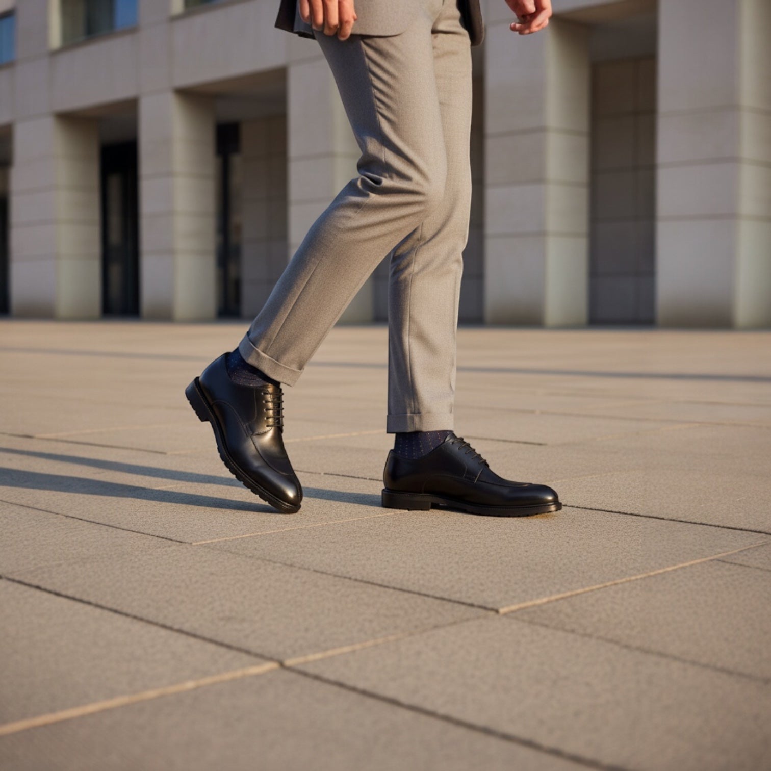 Barcon Getta Inc. YOSEF A. black full grain leather split toe Derby dress shoes with lug sole.