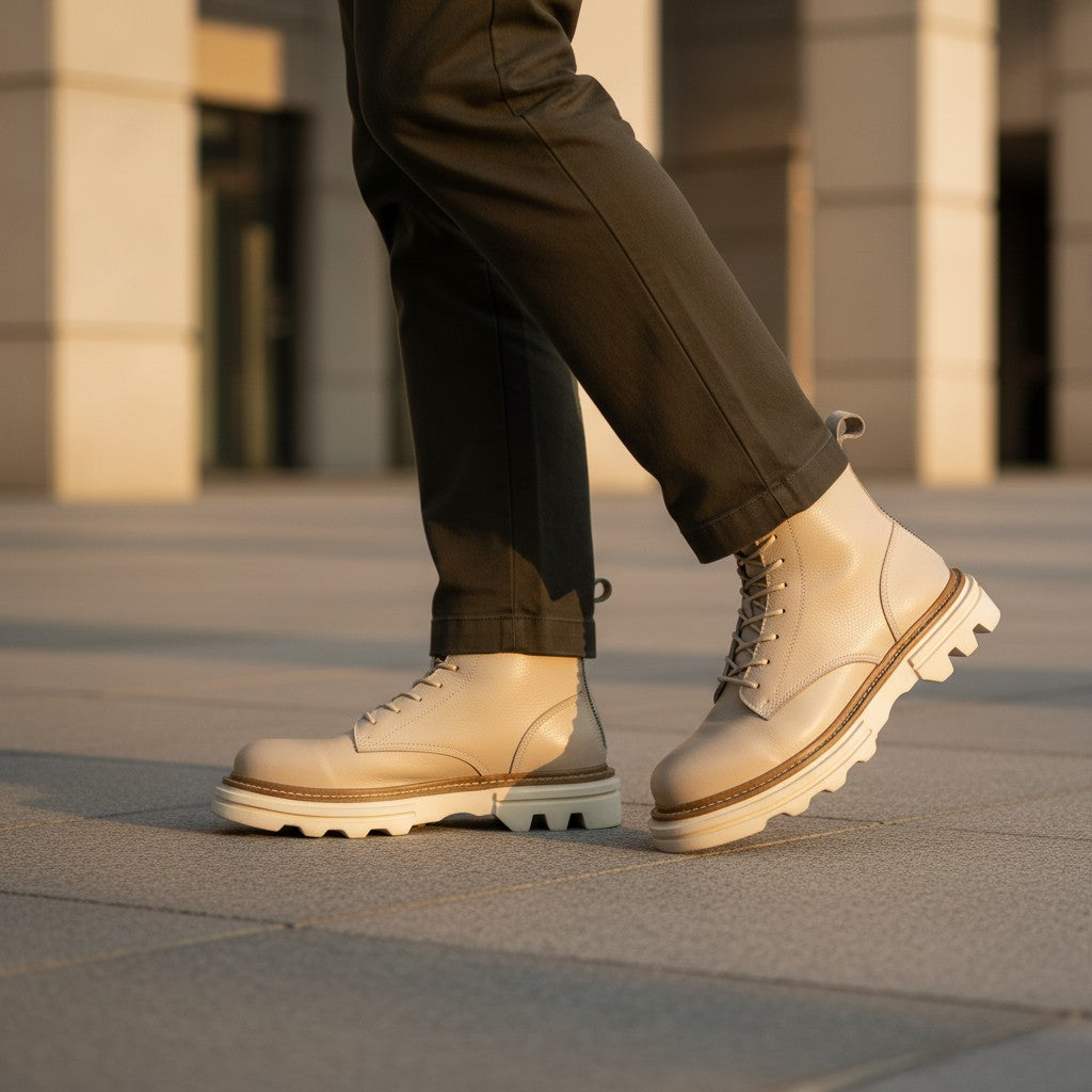 Barcon Getta Inc cream leather Kilimanjaro lace-up boots with side zip and chunky sole