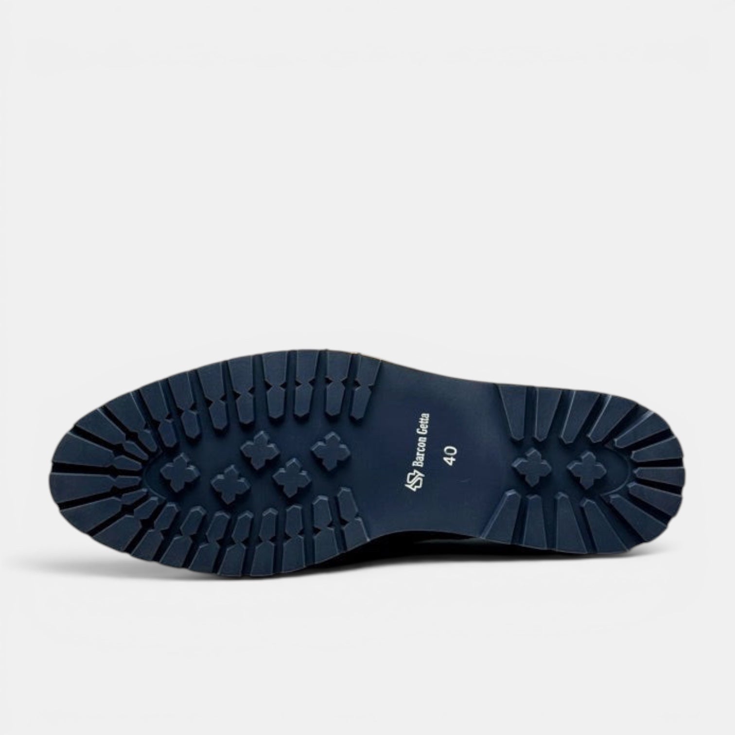 Barcon Getta Inc PORT-LOUIS Wingtip Brogue Dress Shoes, navy blue rubber lug sole with Barcon Getta logo and size 40.