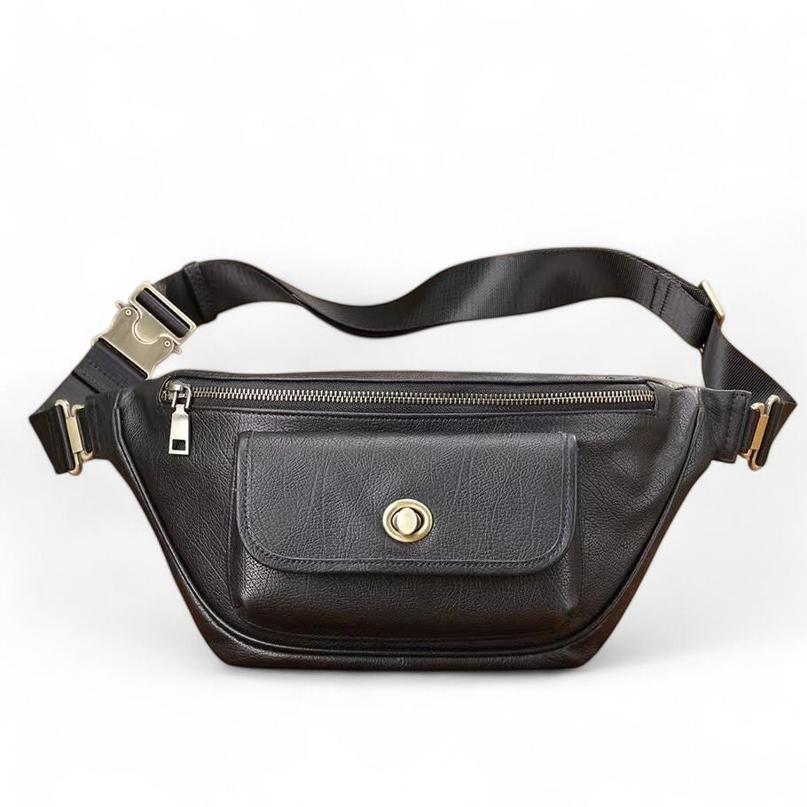 Barcon Getta Inc black full grain leather PRIME-CROSS body bag with multiple pockets and adjustable strap.