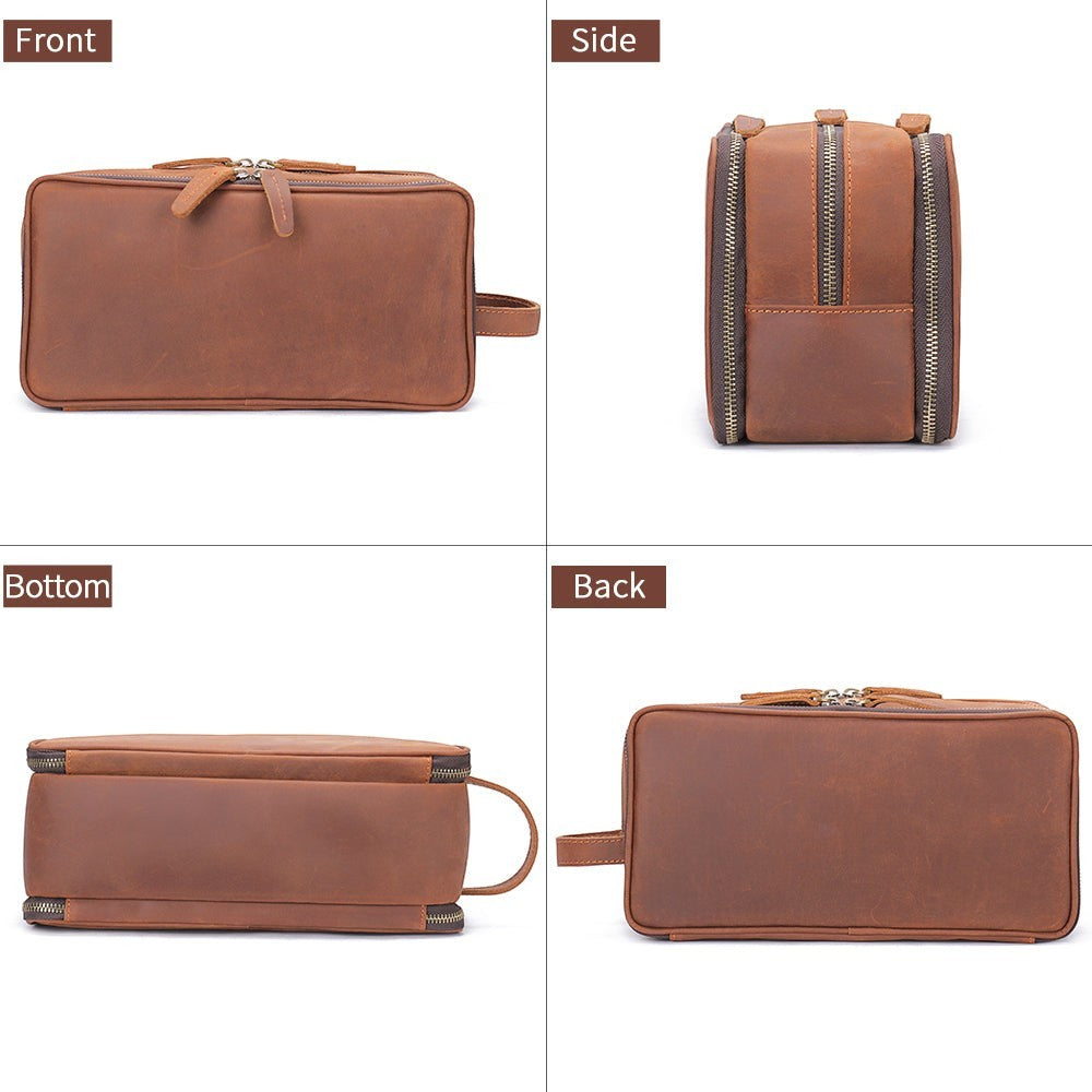 Barcon Getta Inc brown leather travel toiletry bag with multiple compartments and zipper closure.